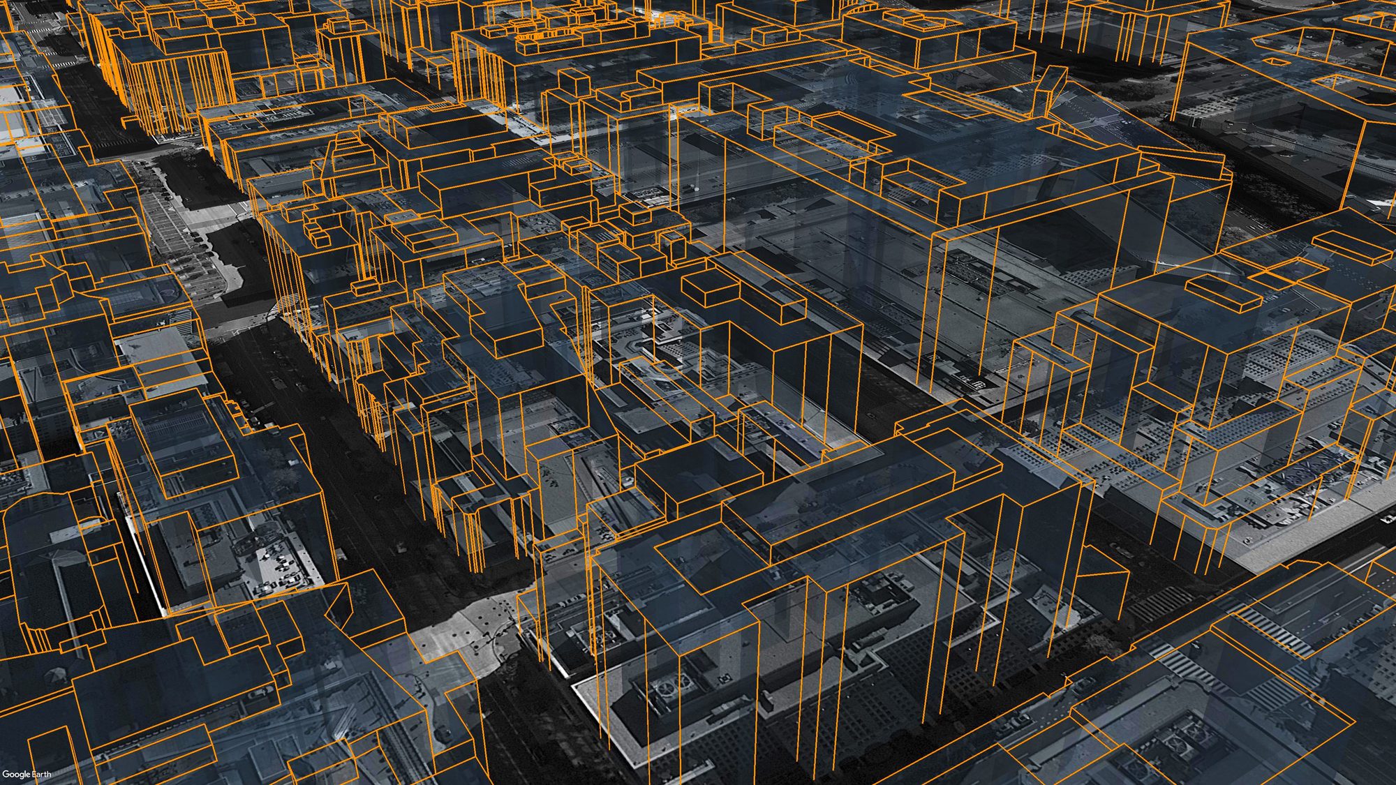 Building footprints extruded into 3D and viewed in Google Earth, built with kmlb polygons